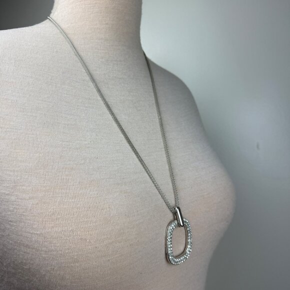 Silver Tone O Circle Rhinestone Modern Pendant Necklace 30.5 - 34.5" - Picture 5 of 7